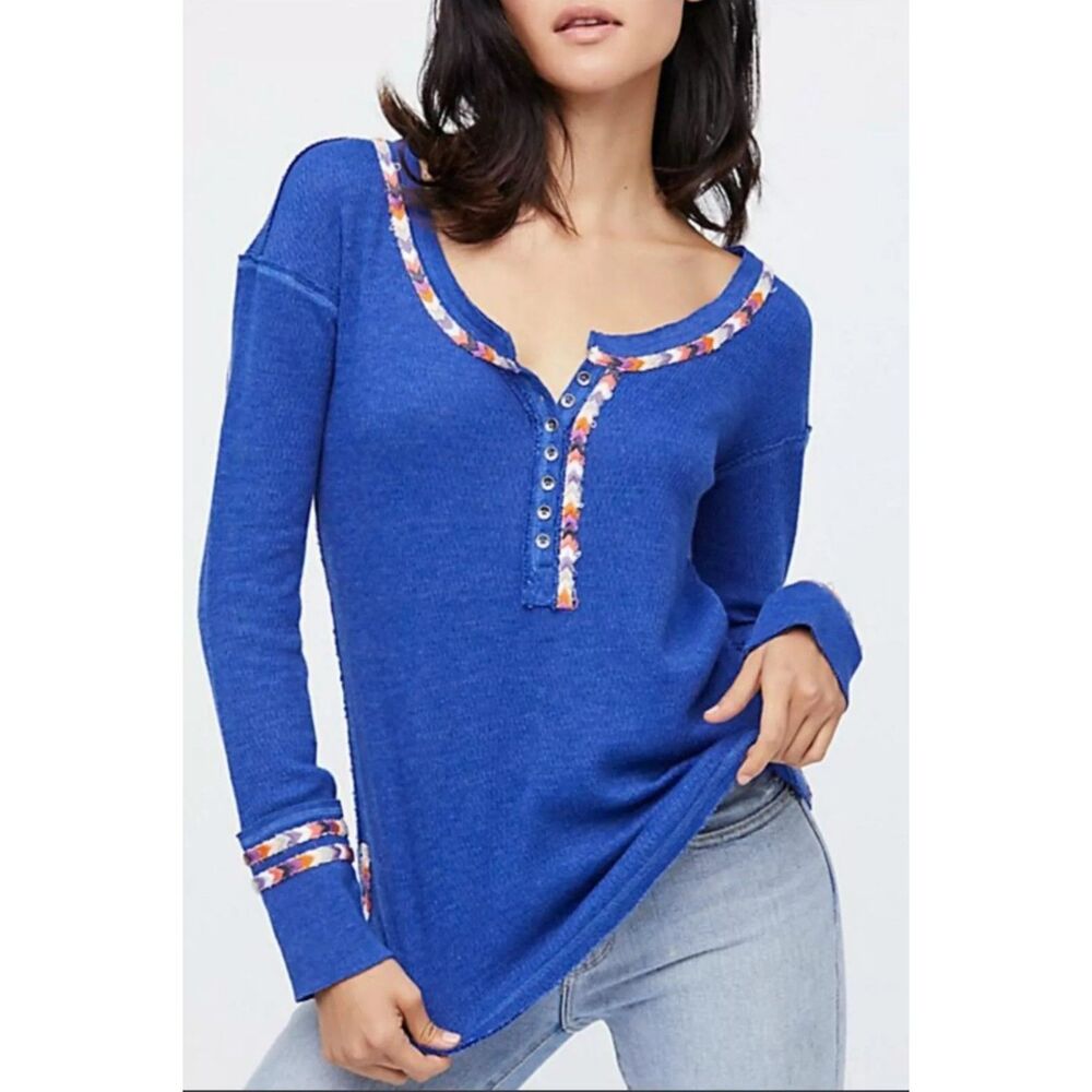 Free People Blue Rainbow Trim Henley Thermal Top Size M